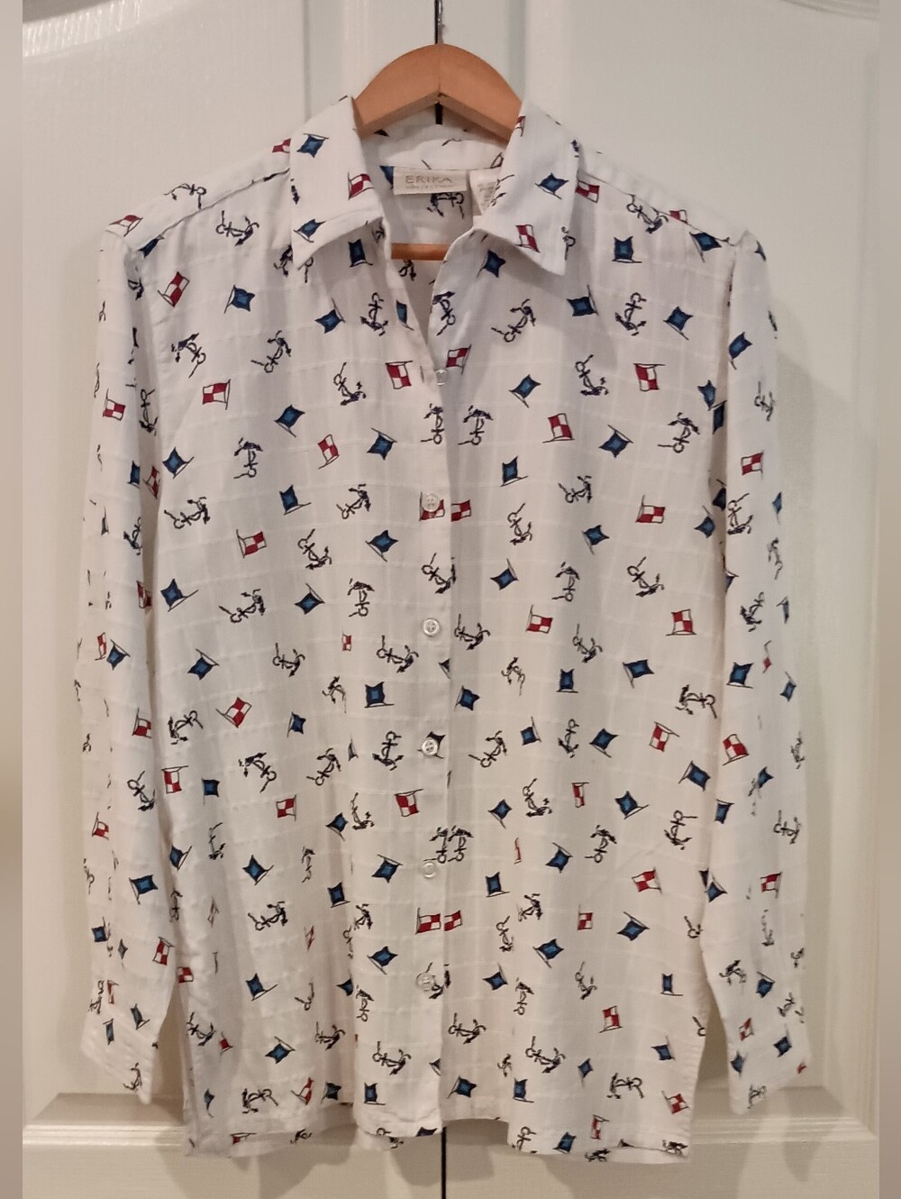 Erika White Button-Front Blouse with Red & Blue Nautical Print